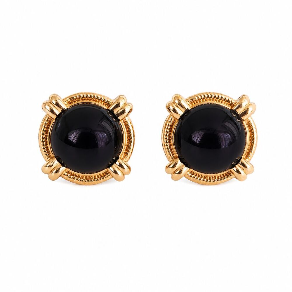 Classic Vintage Retro Gold Tone Metal Black Round Acrylic Cabochon Stud Earrings